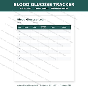 Puede incluir: Una hoja de registro de glucosa en sangre blanca con encabezados de color verde oscuro. El documento incluye campos para nombre, mes, día, fecha, hora, glucosa en mg/dL, tipo y notas. El texto dice Blood Glucose Tracker, 30-Day Log.
