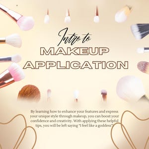Op de afbeelding: Een grafisch ontwerp met de tekst "Intro to Makeup Application" en een aantal make-upkwasten op een lichtbeige achtergrond. De tekst "Written By Kreative x Koko" staat bovenaan de afbeelding. De tekst "kreativexkoko.com" staat onderaan de afbeelding.