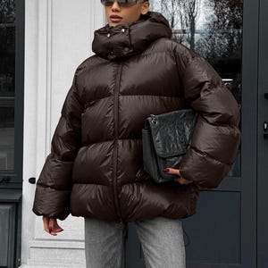 Oversized Eco Down Puffer Jacket: Detachable Hood, Rainproof - Graphite or Chocolate