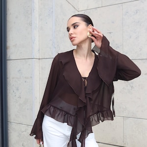 Chiffon Ruffle Blouse, Tie Front Top, Sheer Summer Blouse, Elegant Feminine Shirt