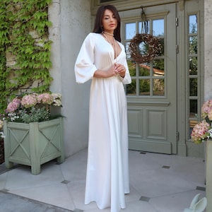 White Long Wrap Dress in Armani Silk – Elegant V-Neck, Long Sleeves, Waist Belt | Formal Maxi Gown