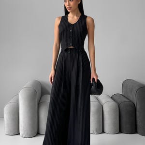 Striped Vest and Palazzo Pants Two-Piece Set | Rayon Blend Women&#39;s Suit with High Waist Trousers | Black or Grey