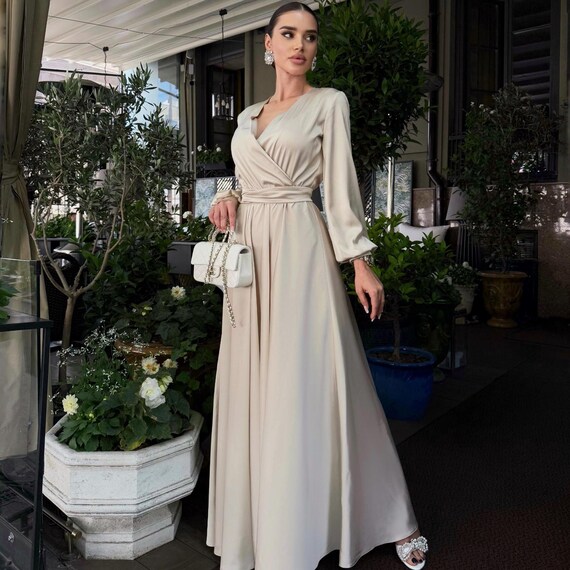 Wrap Dress Vneck Long Sleeves Belted Maxi Dress Beige Long Wrap