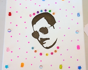 Freddie Mercury Kawaii Stars, Gummy Bears, and Rainbows Stencil Mixed Media Painting