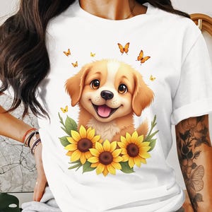Cute Dog T-Shirt Design, Puppy with Sunflowers, Digital Download, Tee Design, Hoodie Design, Commercial Use, Pet Lover Gift