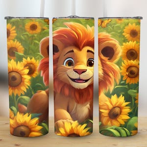 Arte digital de campo de girasoles con cachorro de león, paisaje de animales de dibujos animados, arte imprimible de verano, decoración de habitación infantil, descarga para guardería, regalo infantil