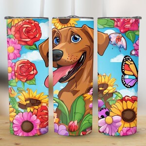 Cartoon Dog Floral Digital, Tumbler Design, Cute Pet Animals, Butterfly and Flowers, Full Wrap Digital Download, Sublimation Design
