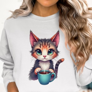 Cute Coffee Cat T-Shirt Design, Digital Download, Kitten With Mug, Pet Lover Gift, Printable Graphics, Instant Download