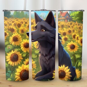 Black German Shepherd Digital Art, Sunflower Field, Dog Lover Gift, Cartoon Pet Portrait, Instant Download, Printable Wall Art