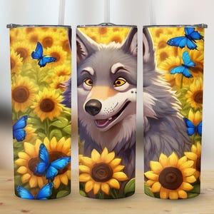 Arte digital de lobo, girasol y mariposa, arte mural imprimible caprichoso, ilustración de animales de dibujos animados, decoración del hogar inspirada en la naturaleza, digital