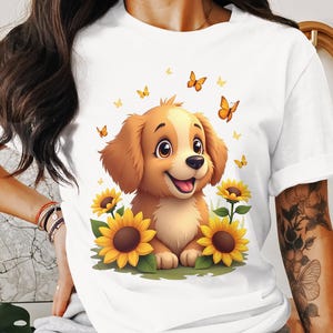 Diseño de camiseta de cachorro, diseño de camiseta de perro adorable, diseño de sudadera con capucha de cachorro con girasol, descarga digital, regalo para amantes de los perros, licencia de uso comercial