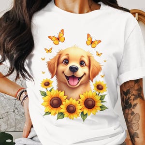 Schattige golden retriever puppy T-shirt ontwerp, hondenliefhebber cadeau, zonnebloem en vlinder hoodie ontwerp, pet-shirt ontwerp, digitale download