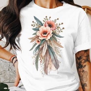 Floral Feather T-Shirt Design, Bohemian Flowers Digital Download, Artistic Flowers Printable PNG, Summer Flowers Design, Flower Bouquet