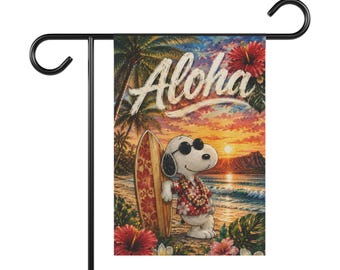 Bandera de jardín Snoopy Aloha / Pancarta de casa con puesta de sol y surf hawaiano