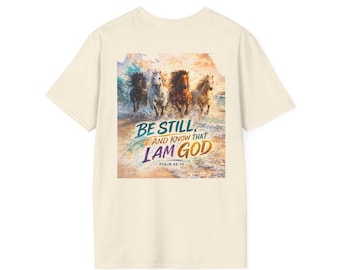 May include: Cream-colored t-shirt featuring a vibrant graphic of four horses running through water. The image includes the text "BE STILL, AND KNOW THAT I AM GOD" and "PSALM 46:10". The design is set against a backdrop of a beach scene.
