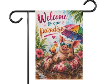 Bienvenido a nuestro paraíso: bandera de jardín con forma de cerdo / pancarta para la casa, decoración tropical de verano.