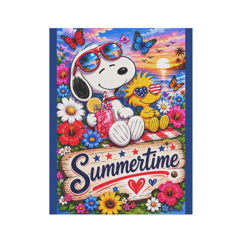 Bandera/pancarta de jardín veraniega de Snoopy y Woodstock, atardecer floral en la playa. imagen 8
