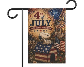 Bandera de jardín con la imagen de la casa de Snoopy para el 4 de julio / Día de la Independencia de Estados Unidos (Patriótico)