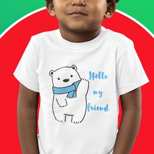 Adorable Polar Bear Kids' T-Shirt - 'Hello my friend' Design, Perfect Gift for Birthdays, Playdates, Summer Fun, or Holidays, Cute Outfit,