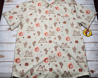 Buc-ees Khaki Brown Orange Beaver Logo Button Up Shirt