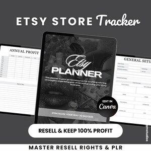 May include: An Etsy Store Tracker digital planner with a black and white design. The planner includes sections for annual profit, general setup, and shop organization. The text reads "Etsy Planner" and "Resell & Keep 100% Profit."