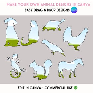 Ontwerpen dierensilhouet op canvas, bundel canvaslijsten, set proefmodellen dierenontwerp, aangepaste canvaslijsten, slepen en neerzetten, jungle-mockups
