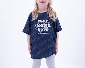 Gildan 5000B Mockup, Navy 5000b Mockup, Real Model Mockup, Little Girl Mockup Gildan 5000b Blue, Gildan Youth Mockups, Family Mockups