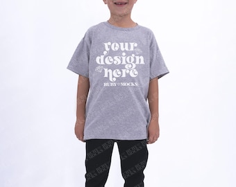 5000b Sport Grey, Gildan 5000B Mockup, Real Model Mockup, Boy Mockup Gildan 5000b Sport Grey, Gildan Youth Mockups, Gildan Mockup Kids Grey