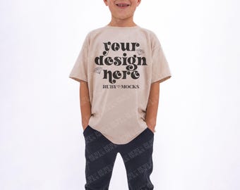 Gildan 5000B Mockup, Sand 5000b Mockup, Real Model Mockup, Boy Mockup Gildan 5000b Sand, Gildan Youth Mockups, Gildan Sand Mockup Kids