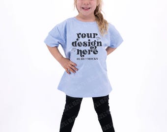 Gildan 5000B Mock Up, Light Blue 5000b, Real Model Mockup, Little Girl Mockup Gildan 5000b Blue, Gildan Youth Mockup, Kids Shirt Mockup
