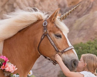 Cuerno de Unicornio Realista para Caballos / Duradero + Fácil de Colocar / Correas Ajustables / 3 Tamaños Disponibles para Mini Caballos, Ponis, Tiro