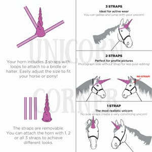 May include: A pink unicorn horn headband with three adjustable straps. The straps can be removed to create different looks. The text on the image reads: "3 Straps - Ideal for active wear. You can gallop and jump with your unicorn!"  "2 Straps - Perfect for profile pictures. Photograph side without strap for less post-editing!"  "1 Strap - The most realistic unicorn. No side straps create a very convincing unicorn!"