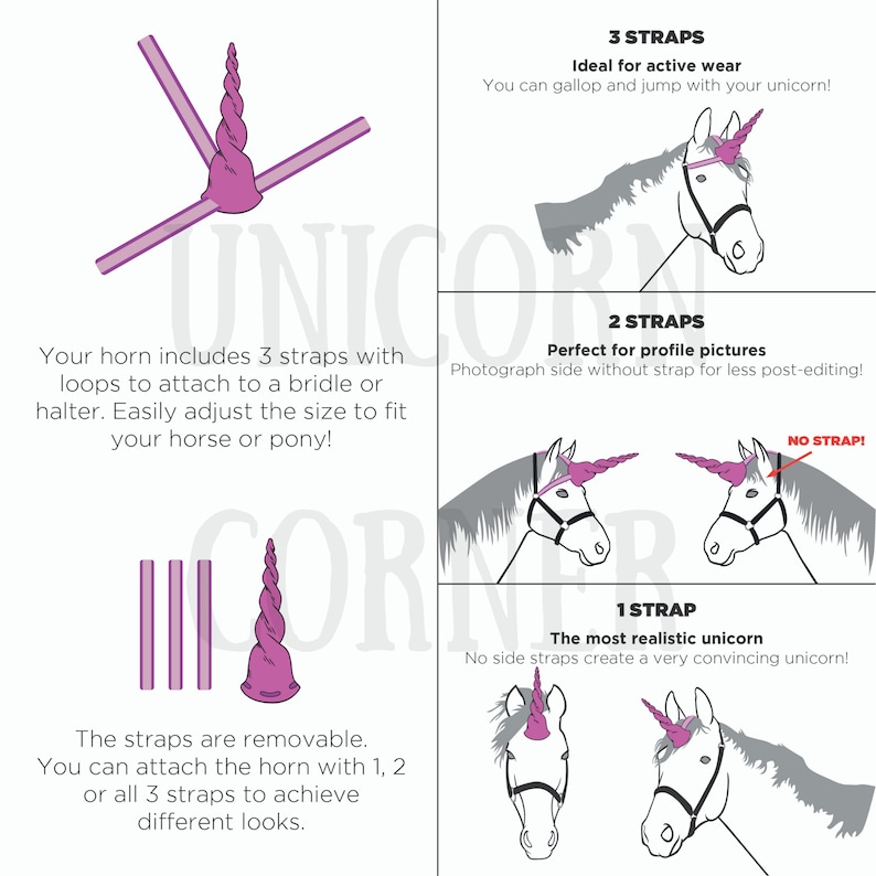 May include: A pink unicorn horn headband with three adjustable straps. The straps can be removed to create different looks. The text on the image reads: "3 Straps - Ideal for active wear. You can gallop and jump with your unicorn!"  "2 Straps - Perfect for profile pictures. Photograph side without strap for less post-editing!"  "1 Strap - The most realistic unicorn. No side straps create a very convincing unicorn!"
