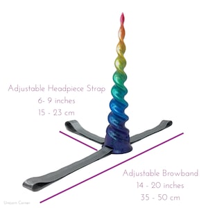 May include: A rainbow unicorn horn headband with an adjustable browband measuring 14-20 inches (35-50 cm) and an adjustable headpiece strap measuring 6-9 inches (15-23 cm).