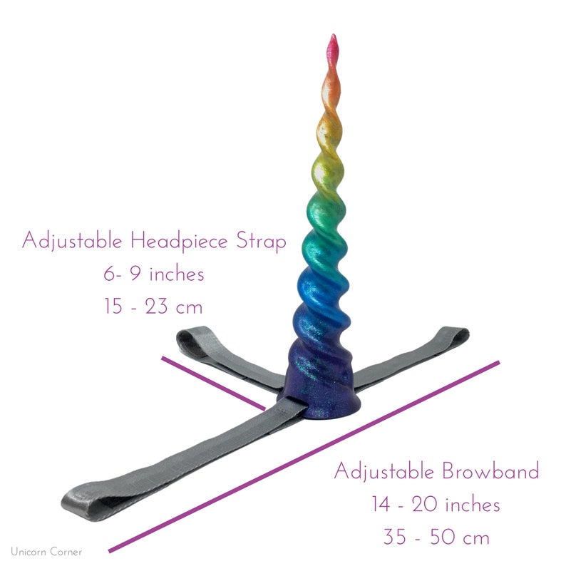 May include: A rainbow unicorn horn headband with an adjustable browband measuring 14-20 inches (35-50 cm) and an adjustable headpiece strap measuring 6-9 inches (15-23 cm).