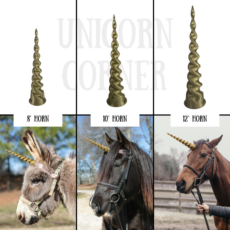 May include: Three gold unicorn horns, 8 inches, 10 inches, and 12 inches long, with a spiral design. The horns are shown on a white background and on three different animals: a donkey, a black horse, and a brown horse.