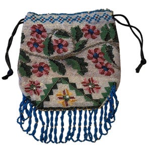 Victorian Antique Beaded Bag, Floral, Drawstring Super Fine Beads Lining
