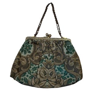 Bolso antiguo vintage victoriano de brocado con asa de cadena, Francia