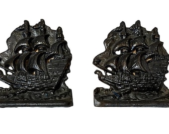 VTG Clipper Ship Cast Iron Book Ends Pair 5.5” Tall Lots Of Detail Boat