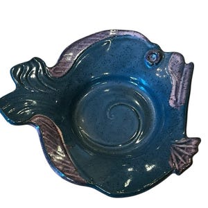 ジェリー・K・ミッチェル作 サイン入り陶器製金魚鉢 青と紫 13x12インチ ビッグアイ 3D