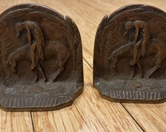 Vintage Bookends Western Native American End Of The Trail Cast Solid Bronze Pair