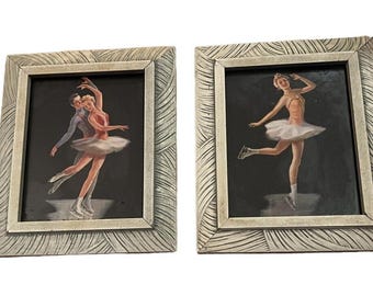 Pair Of Skating Pictures Framed Lithograph Children Ice Skaters VTG 1950s Mini