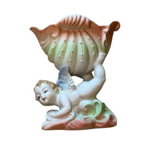 Vintage besetzte Japan Pflanzgefäß Biskuitporzellan Engel Cherub hält eine Muschel 12,5 cm