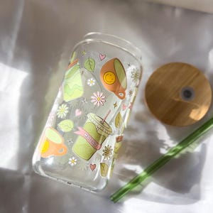 Matcha Bliss 16 OZ UVDTF Glass Cup | Handmade Glass Drinkware cup for Matcha Lovers | Cute Matcha Cup | Unique Gift for Tea Enthusiasts