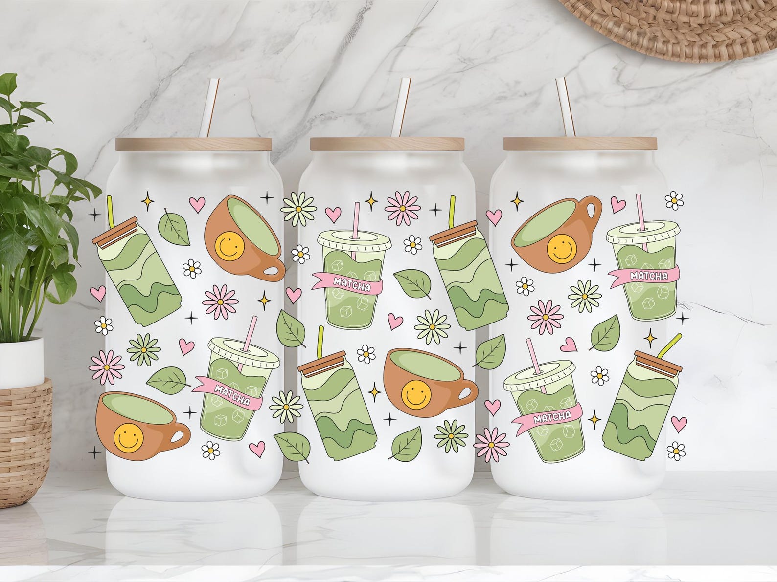 Matcha Bliss 16 OZ UVDTF Glass Cup | Handmade Glass Drinkware Cup for ...