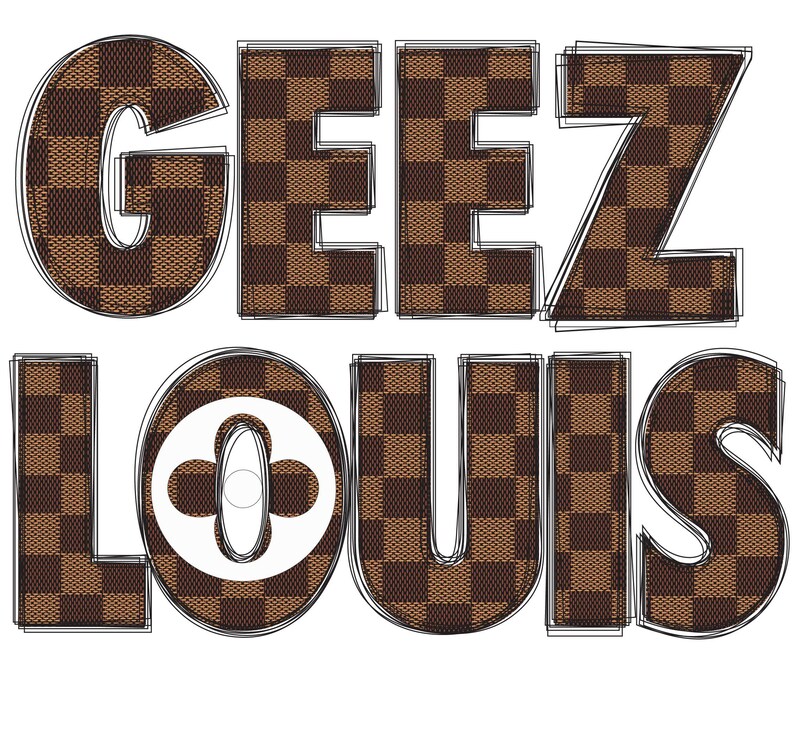 Pu&ograve; includere: Un motivo a scacchi marrone e beige con le parole "GEEZ LOUIS" in lettere bianche. La "O" di "LOUIS" contiene un logo di fiore bianco all'interno.