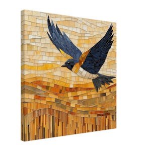 May include: A mosaic artwork depicting a blue and yellow bird in flight against a background of yellow, orange, and brown mosaic tiles.