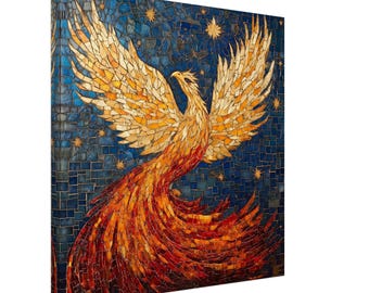 Rising Phoenix Constellation, Mosaic Artwork Canvas of a Mythical Bird, Mosaic Tile Art Print
