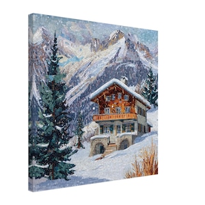 Peut inclure: Une œuvre d'art en mosaïque représentant une scène de montagne enneigée avec un chalet. Le chalet a un extérieur en bois brun et un balcon. L'œuvre présente un paysage enneigé avec des conifères et une chaîne de montagnes en arrière-plan.