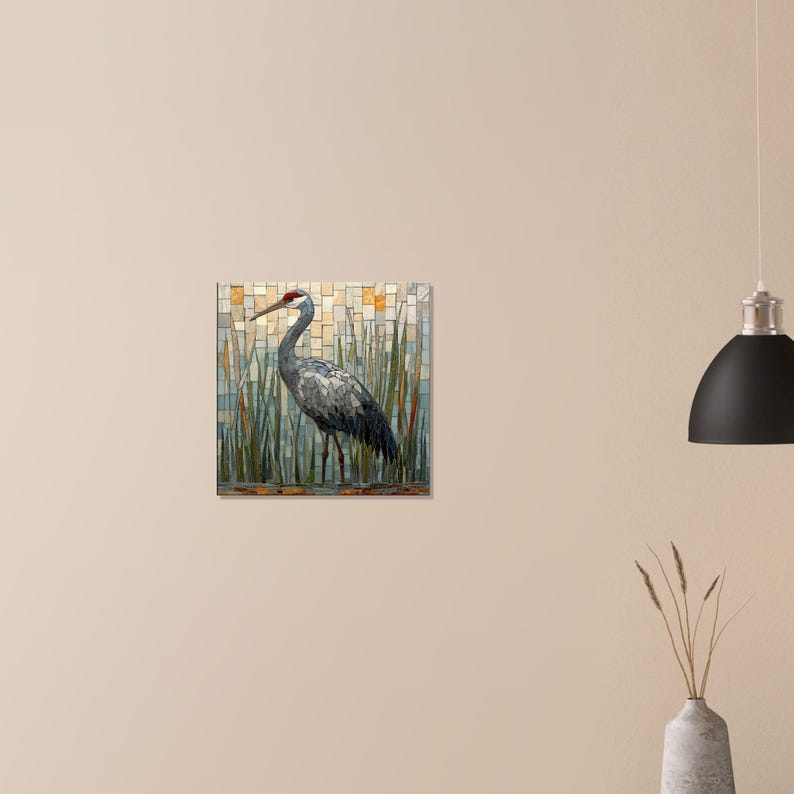 Graceful Marsh, Mosaic Artwork Canvas of a Crane in Reeds, Mosaic Tile ...